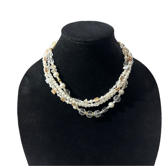PD Premier Designs White 5 Strand Clear Glass Faux Pearl MOP Bib Necklace 17-21” - Picture 11 of 13
